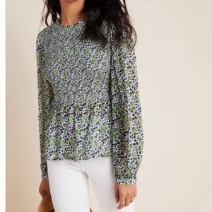Anthropologie Green and Blue Smocked Long Sleeve Blouse XL